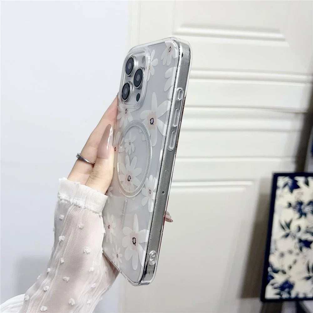 For iPhone 16 Pro Max Case Compatible with MagSafe Laser Floral IMD TPU PC Phone Back Cover - White Flowers - 4