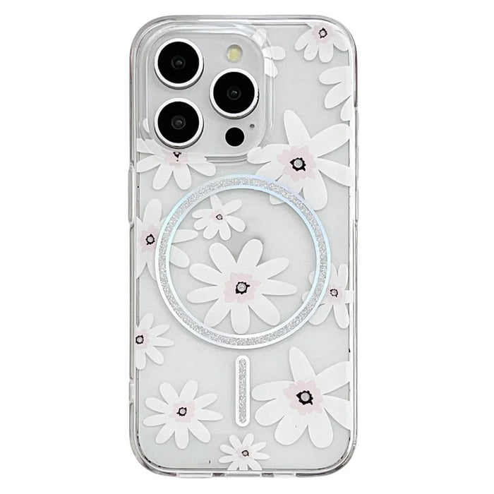 For iPhone 16 Pro Case Compatible with MagSafe Laser Floral IMD TPU PC Phone Back Cover - White Flowers - 1
