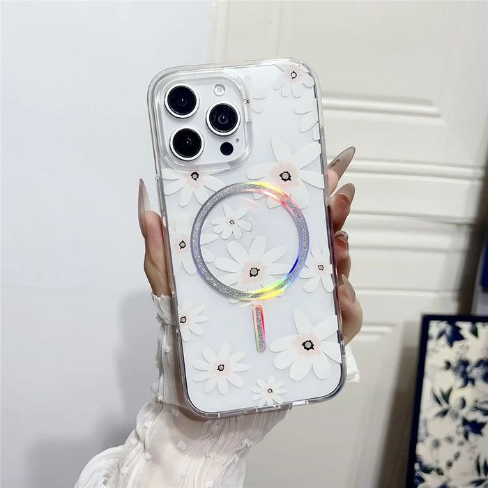 For iPhone 16 Pro Case Compatible with MagSafe Laser Floral IMD TPU PC Phone Back Cover - White Flowers - 2