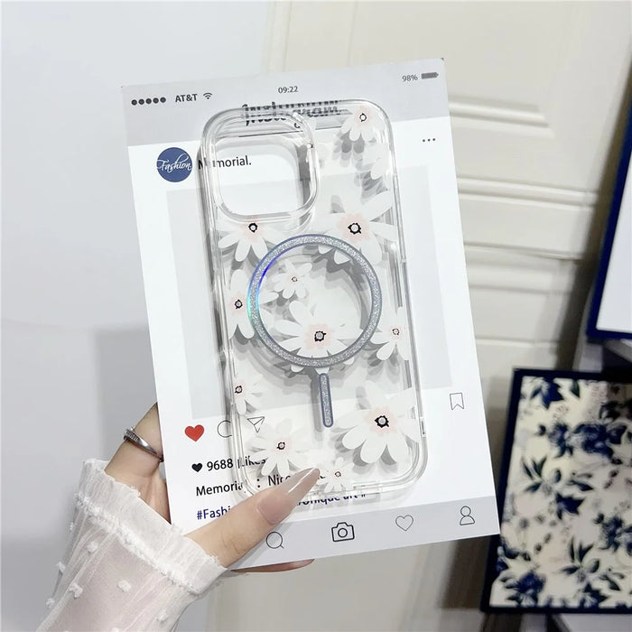 For iPhone 16 Pro Case Compatible with MagSafe Laser Floral IMD TPU PC Phone Back Cover - White Flowers - 3