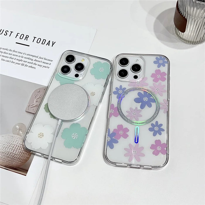 For iPhone 16 Pro Case Compatible with MagSafe Laser Floral IMD TPU PC Phone Back Cover - White Flowers - 6