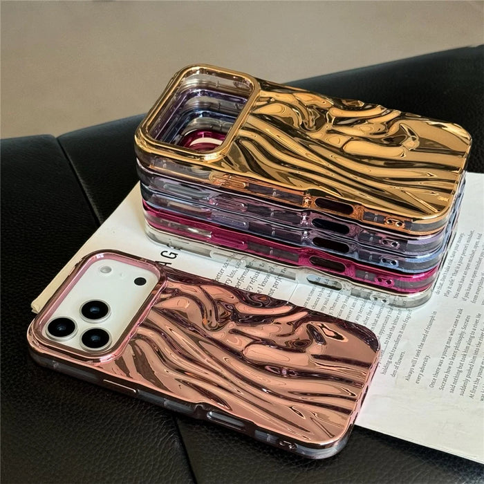 For iPhone 17 Pro Case Wrinkled Glossy Electroplated TPU Phone Back Cover - Pink - 4