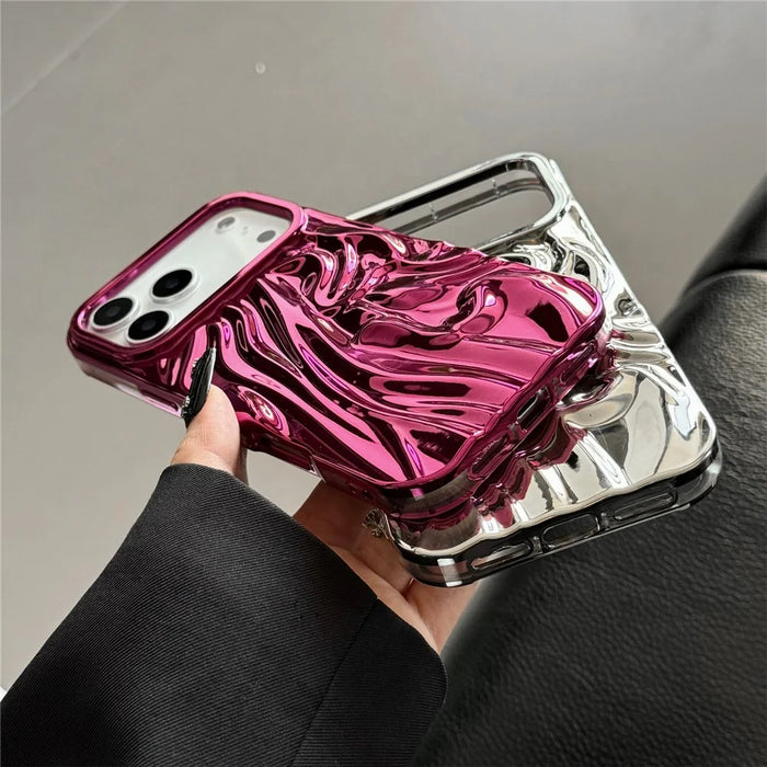 For iPhone 17 Pro Max Case Wrinkled Glossy Electroplated TPU Phone Back Cover - Pink - 2