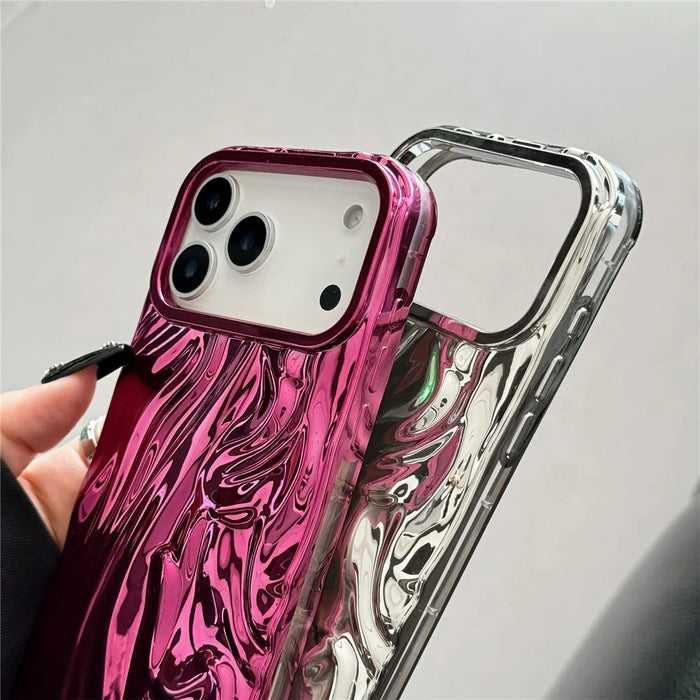 For iPhone 17 Pro Max Case Wrinkled Glossy Electroplated TPU Phone Back Cover - Pink - 3