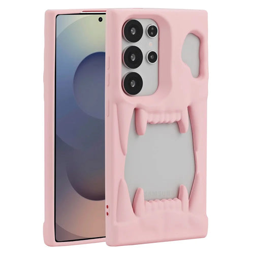 For Samsung Galaxy S24 Ultra Case Hollow Skull Tiger Tooth Design Rubberized TPU Phone Cover - Pink - 1