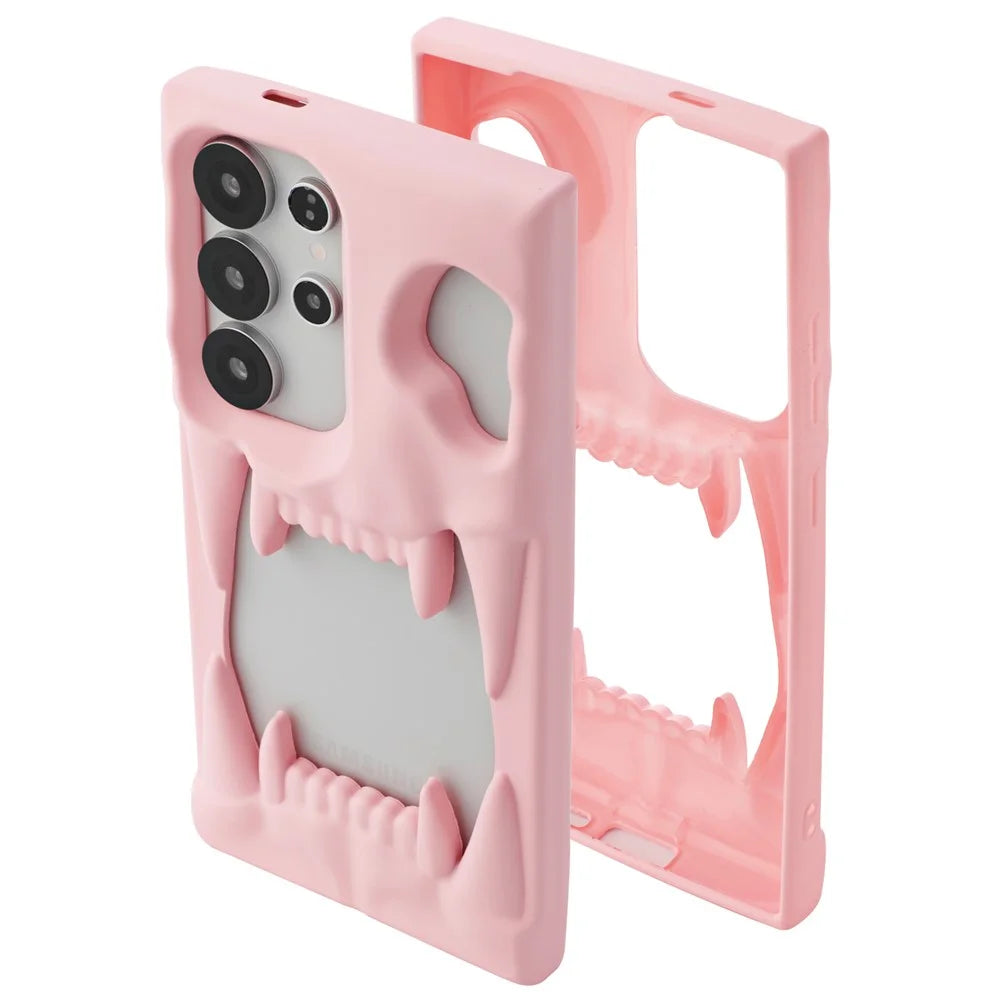 For Samsung Galaxy S24 Ultra Case Hollow Skull Tiger Tooth Design Rubberized TPU Phone Cover - Pink - 2
