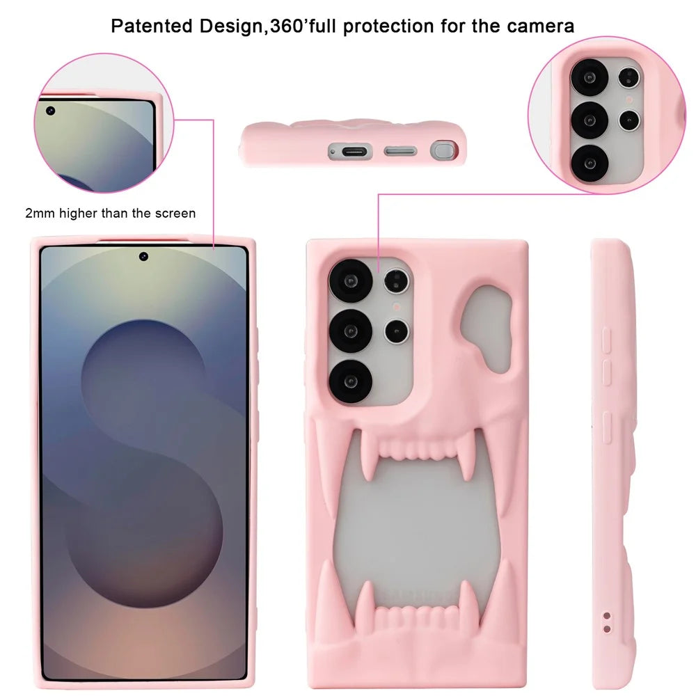 For Samsung Galaxy S24 Ultra Case Hollow Skull Tiger Tooth Design Rubberized TPU Phone Cover - Pink - 3