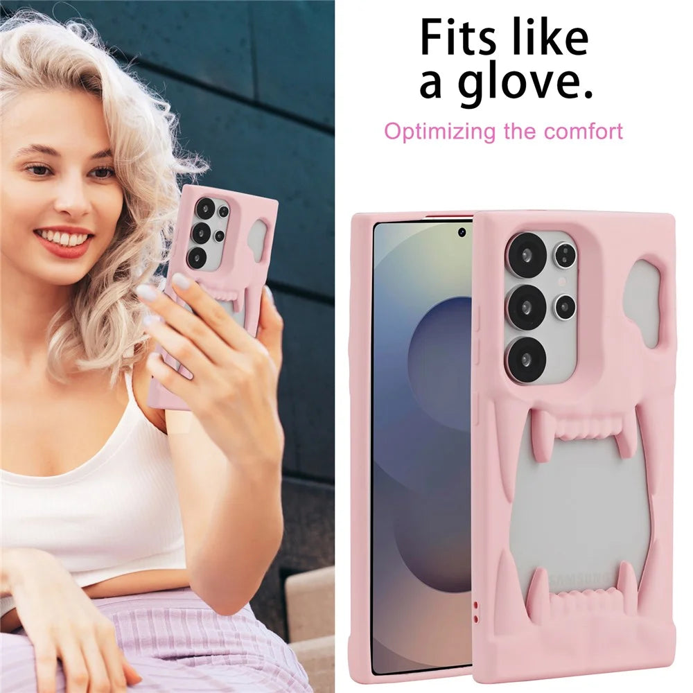 For Samsung Galaxy S24 Ultra Case Hollow Skull Tiger Tooth Design Rubberized TPU Phone Cover - Pink - 4