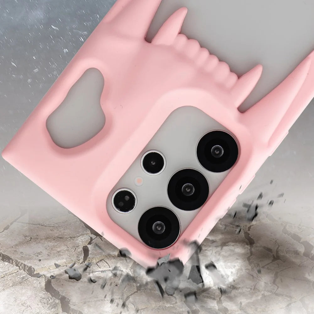 For Samsung Galaxy S24 Ultra Case Hollow Skull Tiger Tooth Design Rubberized TPU Phone Cover - Pink - 6