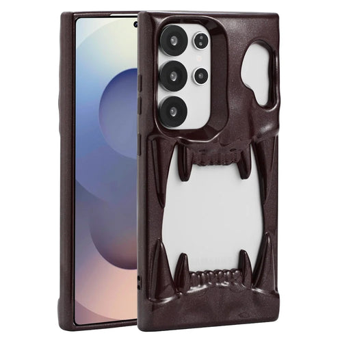 For Samsung Galaxy S24 Ultra Case Hollow Skull Tiger Tooth Design Glitter TPU Phone Cover - Tan - 1
