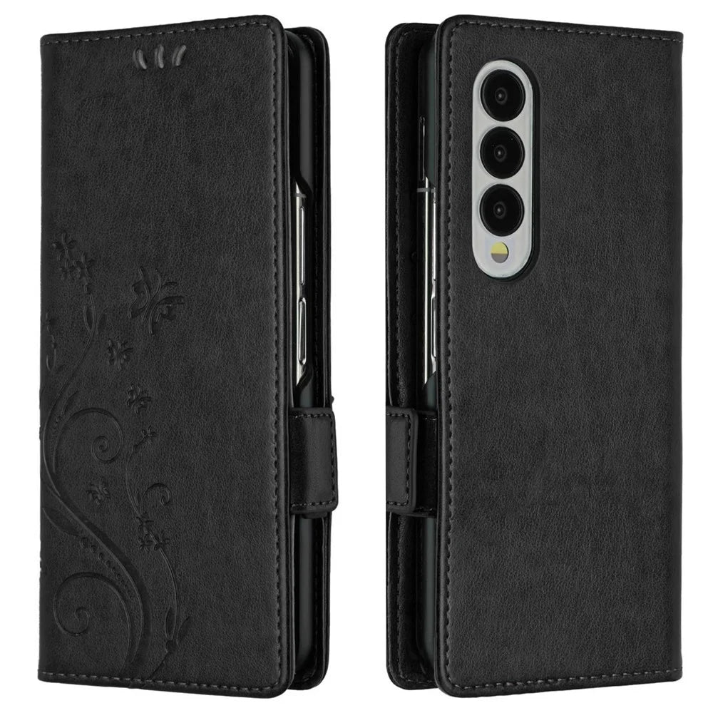 For Samsung Galaxy Z Fold4 5G PU Leather Wallet Case Imprinting Flower Butterflies Magnetic Closure Book Stand Folio Phone Cover - Black - 1