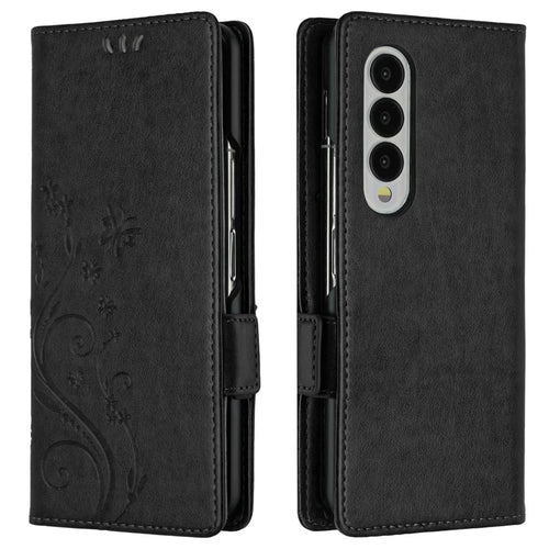 For Samsung Galaxy Z Fold4 5G PU Leather Wallet Case Imprinting Flower Butterflies Magnetic Closure Book Stand Folio Phone Cover - Black - 1