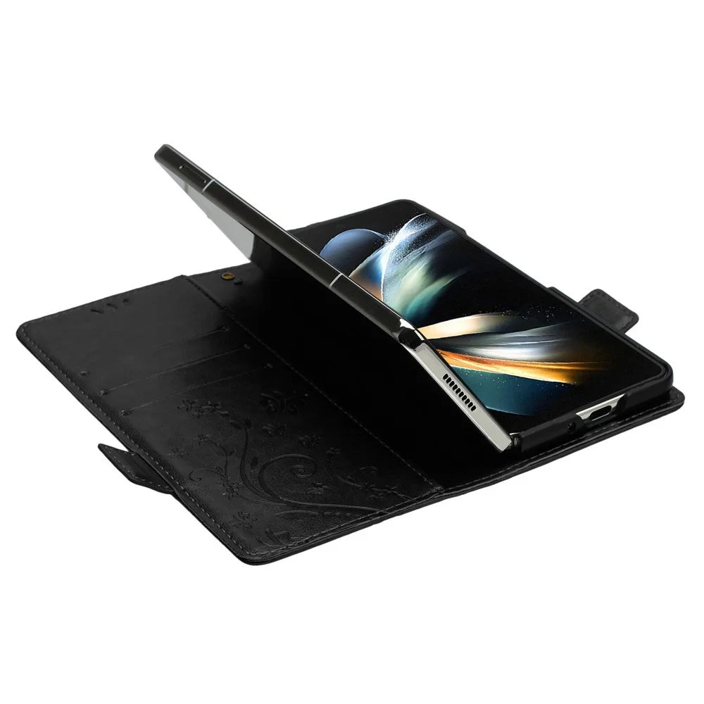 For Samsung Galaxy Z Fold4 5G PU Leather Wallet Case Imprinting Flower Butterflies Magnetic Closure Book Stand Folio Phone Cover - Black - 2