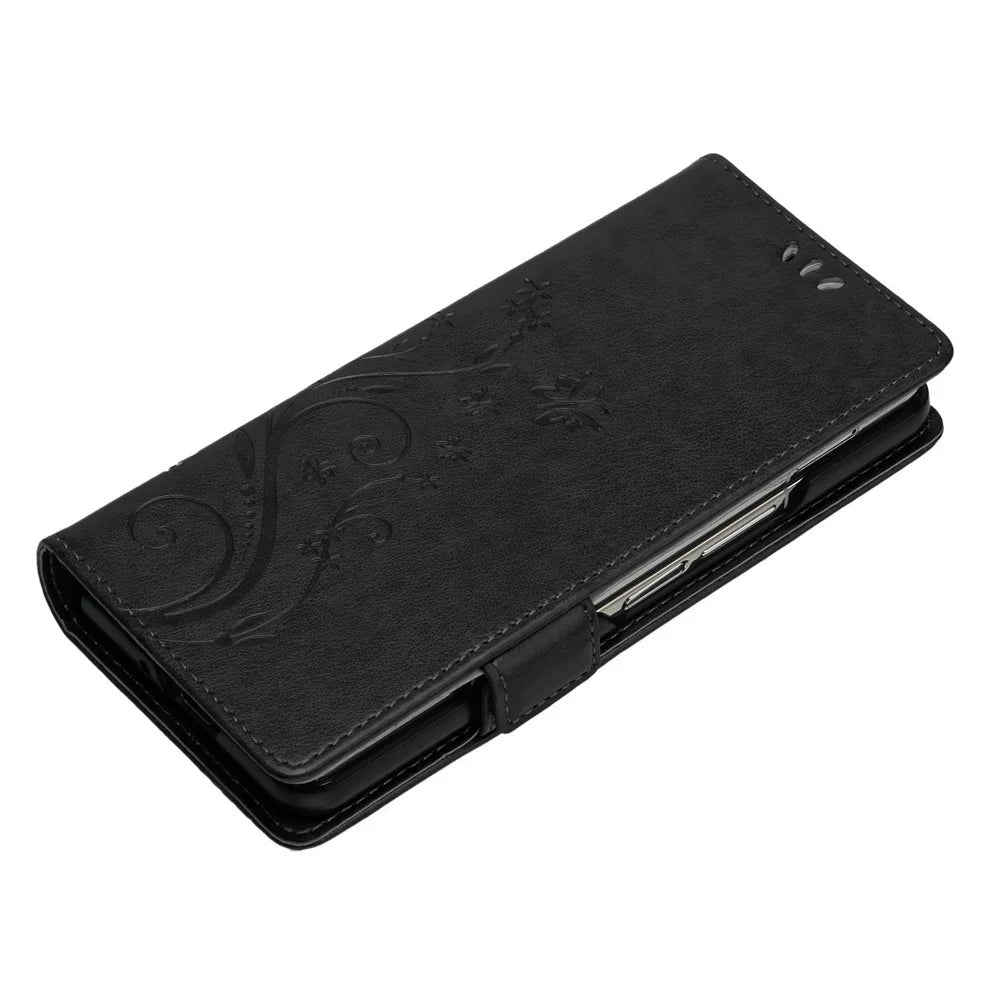 For Samsung Galaxy Z Fold4 5G PU Leather Wallet Case Imprinting Flower Butterflies Magnetic Closure Book Stand Folio Phone Cover - Black - 3