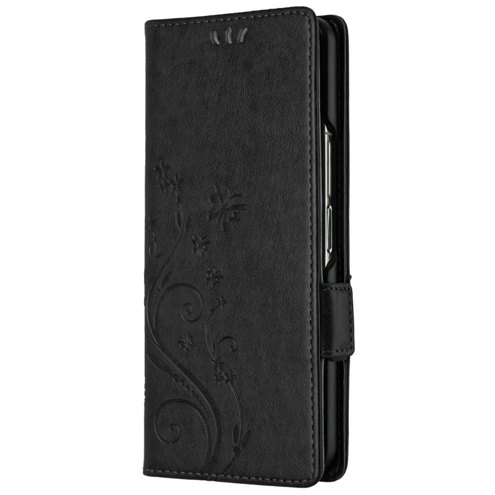 For Samsung Galaxy Z Fold4 5G PU Leather Wallet Case Imprinting Flower Butterflies Magnetic Closure Book Stand Folio Phone Cover - Black - 4