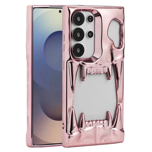 For Samsung Galaxy S25 Ultra Case Hollow Skull Tiger Tooth Design Electroplated TPU Phone Cover - Pink - 1