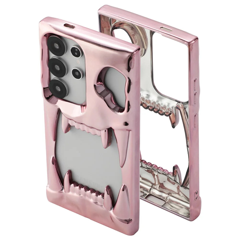 For Samsung Galaxy S25 Ultra Case Hollow Skull Tiger Tooth Design Electroplated TPU Phone Cover - Pink - 2