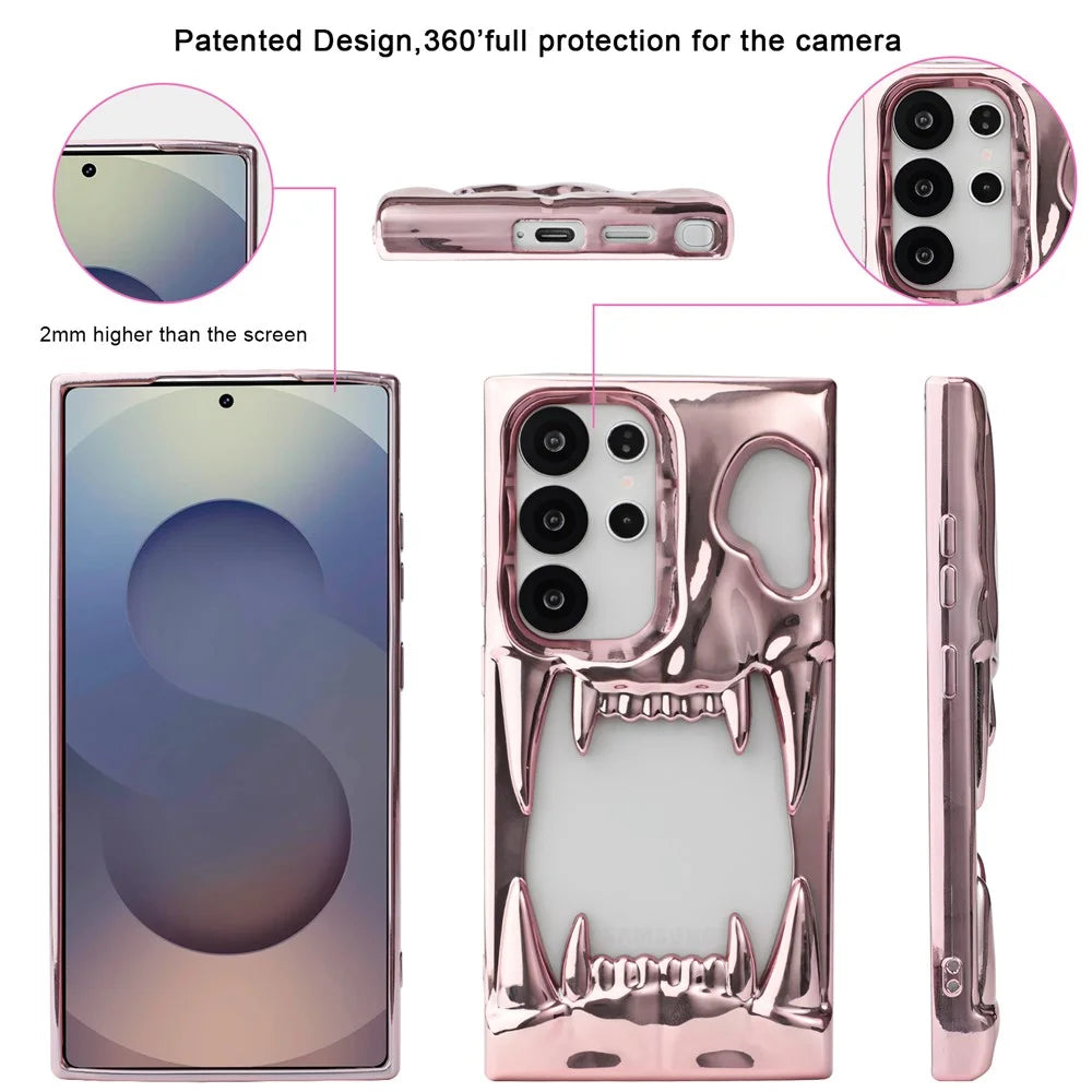 For Samsung Galaxy S25 Ultra Case Hollow Skull Tiger Tooth Design Electroplated TPU Phone Cover - Pink - 3