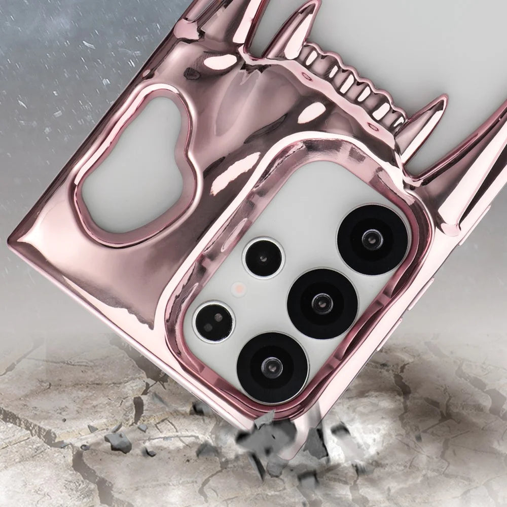 For Samsung Galaxy S25 Ultra Case Hollow Skull Tiger Tooth Design Electroplated TPU Phone Cover - Pink - 6