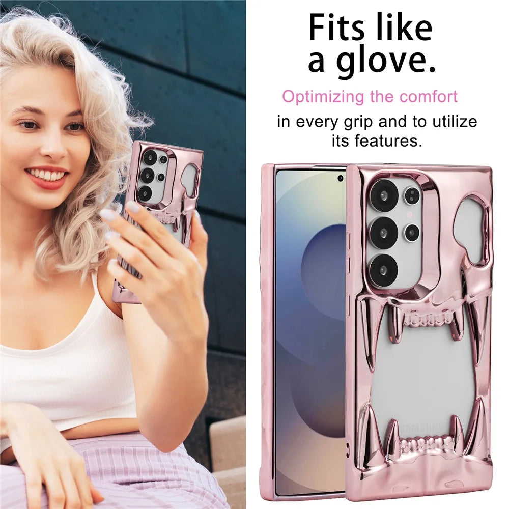 For Samsung Galaxy S24 Ultra Case Hollow Skull Tiger Tooth Design Electroplated TPU Phone Cover - Pink - 4