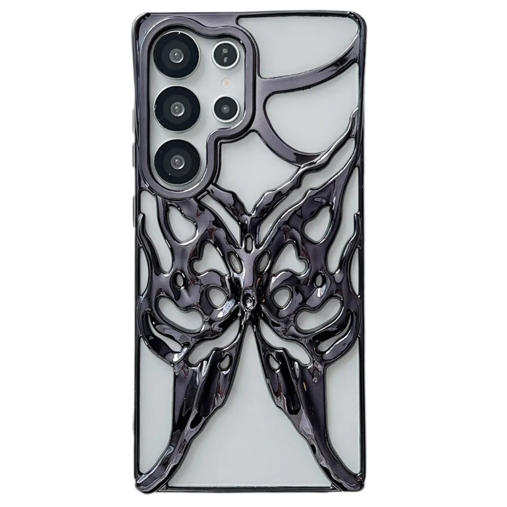 For Samsung Galaxy S25 Ultra Case Electroplated Hollow Butterfly Pattern Creative Design TPU Phone Cover - Black - 1