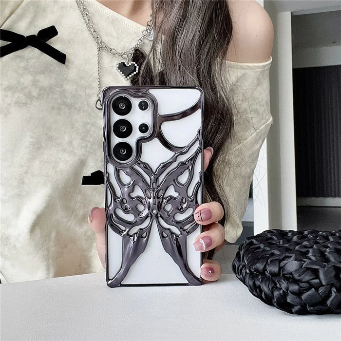 For Samsung Galaxy S25 Ultra Case Electroplated Hollow Butterfly Pattern Creative Design TPU Phone Cover - Black - 2