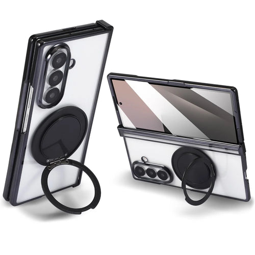 For Samsung Galaxy Z Fold7 5G Magnetic Case CD Vein Rotating Kickstand Electroplated PC Phone Cover - Black - 1
