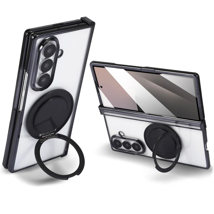 For Samsung Galaxy Z Fold7 5G Magnetic Case CD Vein Rotating Kickstand Electroplated PC Phone Cover - Black - 1