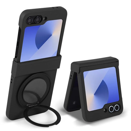 For Samsung Galaxy Z Flip7 5G Magnetic Case CD Vein Rotating Kickstand Electroplated PC Phone Cover - Black - 1