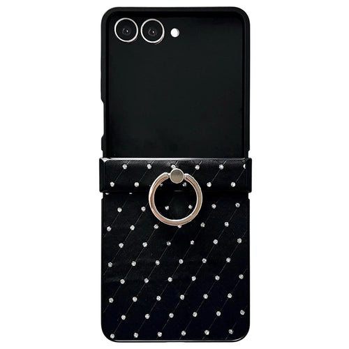 For Samsung Galaxy Z Flip7 5G Case Rhinestones Rhombus Pattern PU + TPU Phone Cover with Ring Holder - Black - 1