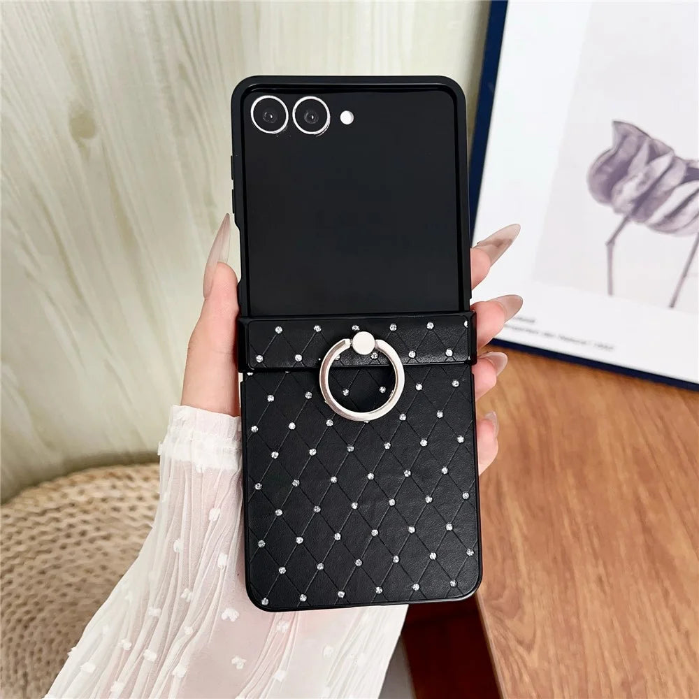 For Samsung Galaxy Z Flip7 5G Case Rhinestones Rhombus Pattern PU + TPU Phone Cover with Ring Holder - Black - 2