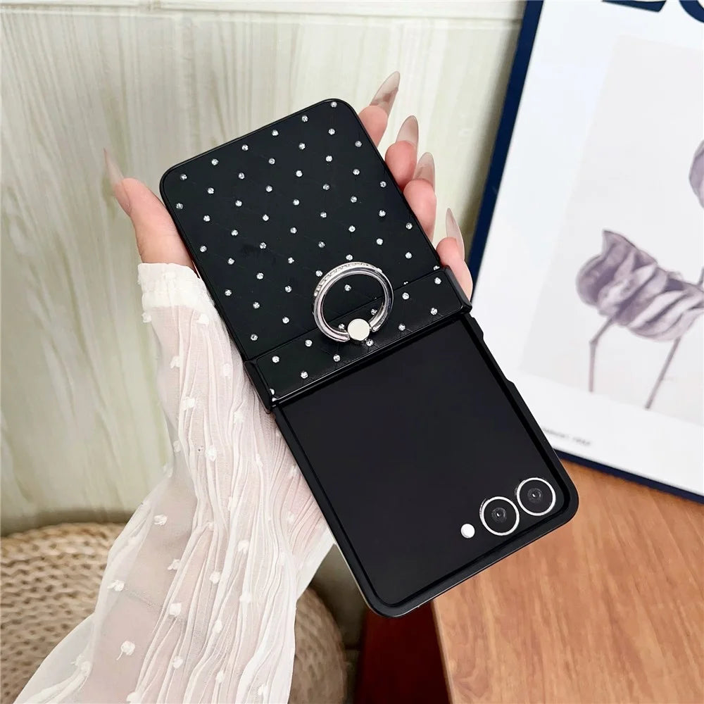For Samsung Galaxy Z Flip7 5G Case Rhinestones Rhombus Pattern PU + TPU Phone Cover with Ring Holder - Black - 3