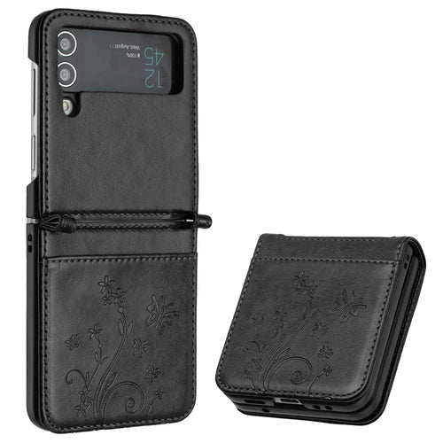 For Samsung Galaxy Z Flip4 5G PU Leather Imprinting Flower Butterflies Phone Cover Anti-Drop Protective Case - Black - 1