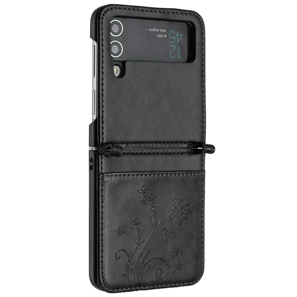 For Samsung Galaxy Z Flip4 5G PU Leather Imprinting Flower Butterflies Phone Cover Anti-Drop Protective Case - Black - 2