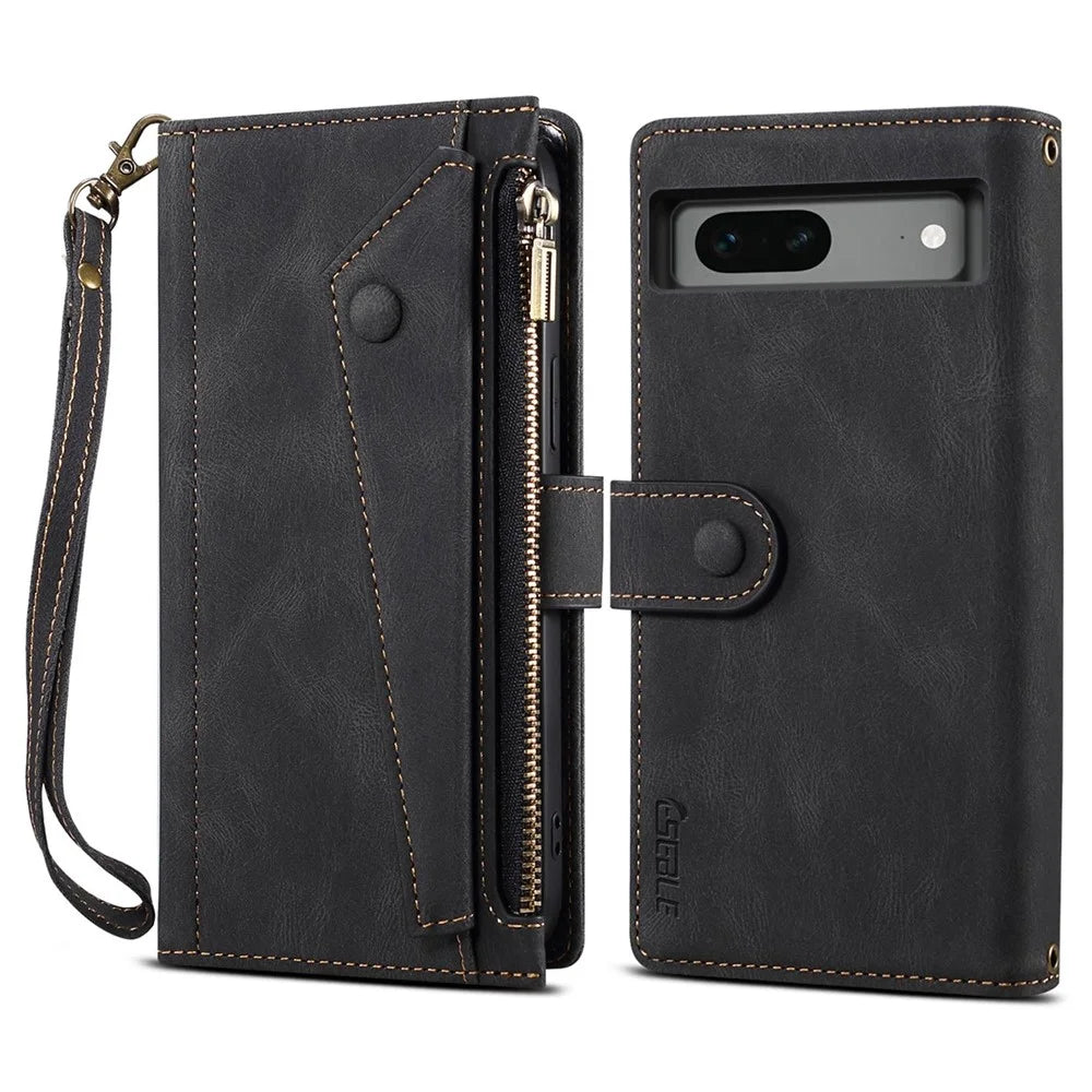 ESEBLE Star Series Wallet Phone Case for Google Pixel 7 5G, PU Leather Multi-functional Card Slots Zipper Pocket Stand Flip Cover with Hand Strap -  Black - 1