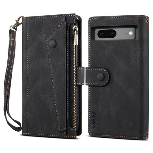 ESEBLE Star Series Wallet Phone Case for Google Pixel 7 5G, PU Leather Multi-functional Card Slots Zipper Pocket Stand Flip Cover with Hand Strap -  Black - 1