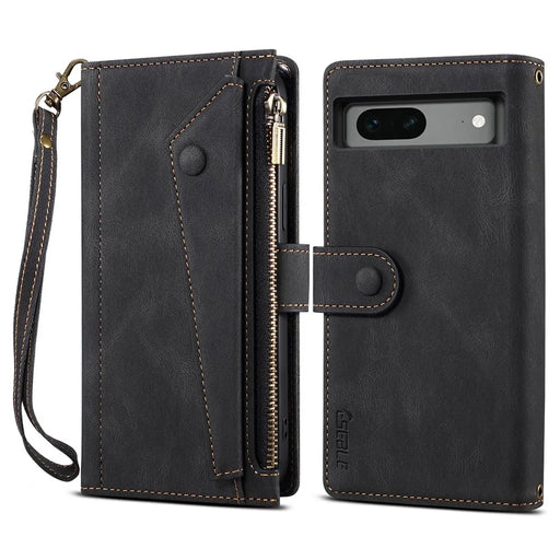 ESEBLE Star Series Wallet Phone Case for Google Pixel 7 5G, PU Leather Multi-functional Card Slots Zipper Pocket Stand Flip Cover with Hand Strap -  Black - 1