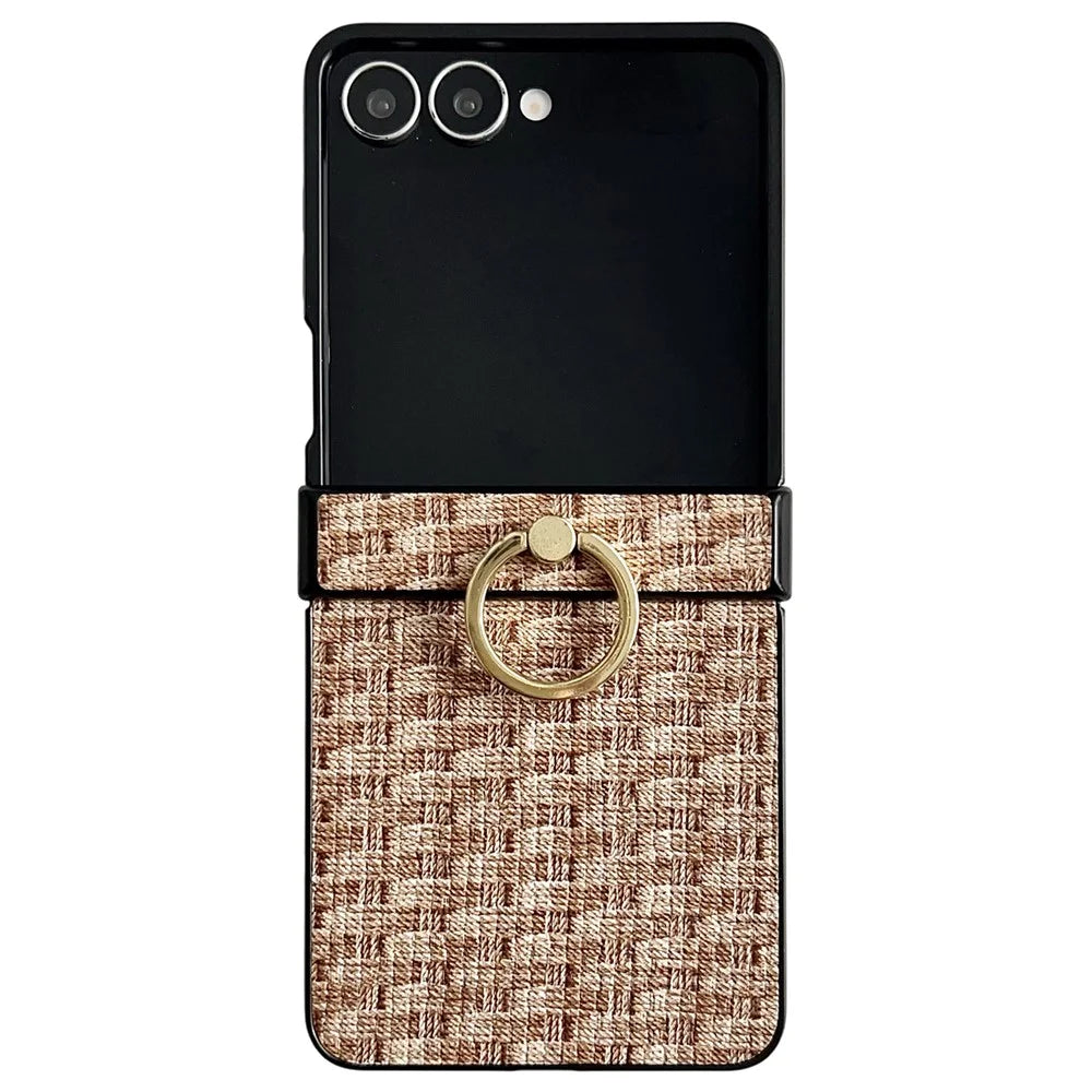 For Samsung Galaxy Z Flip7 5G Case Vintage Woven Pattern PU + TPU Phone Cover with Ring Holder - Khaki - 1