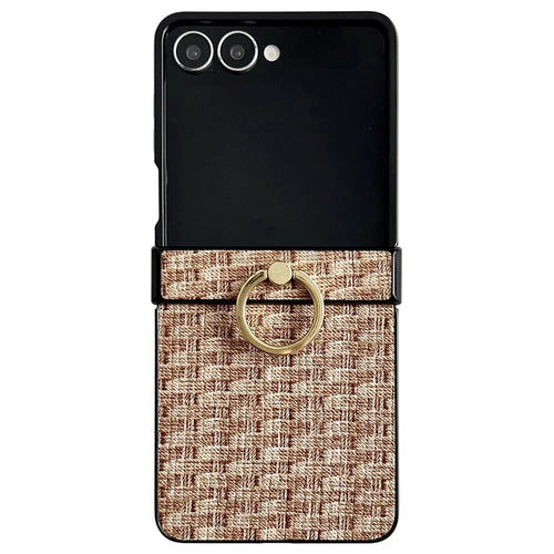 For Samsung Galaxy Z Flip7 5G Case Vintage Woven Pattern PU + TPU Phone Cover with Ring Holder - Khaki - 1