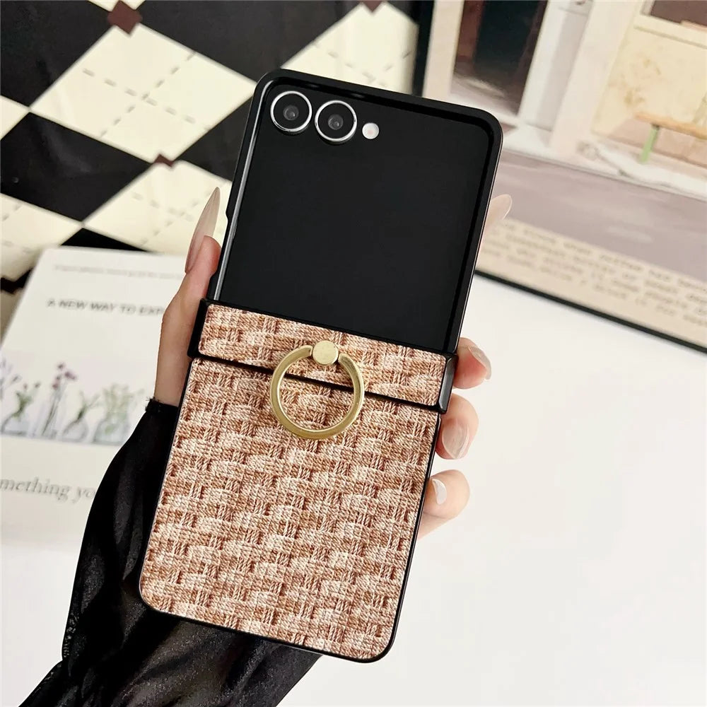 For Samsung Galaxy Z Flip7 5G Case Vintage Woven Pattern PU + TPU Phone Cover with Ring Holder - Khaki - 2