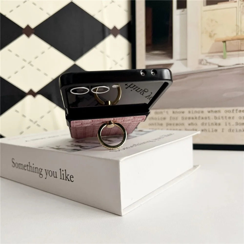 For Samsung Galaxy Z Flip7 5G Case Vintage Woven Pattern PU + TPU Phone Cover with Ring Holder - Khaki - 7