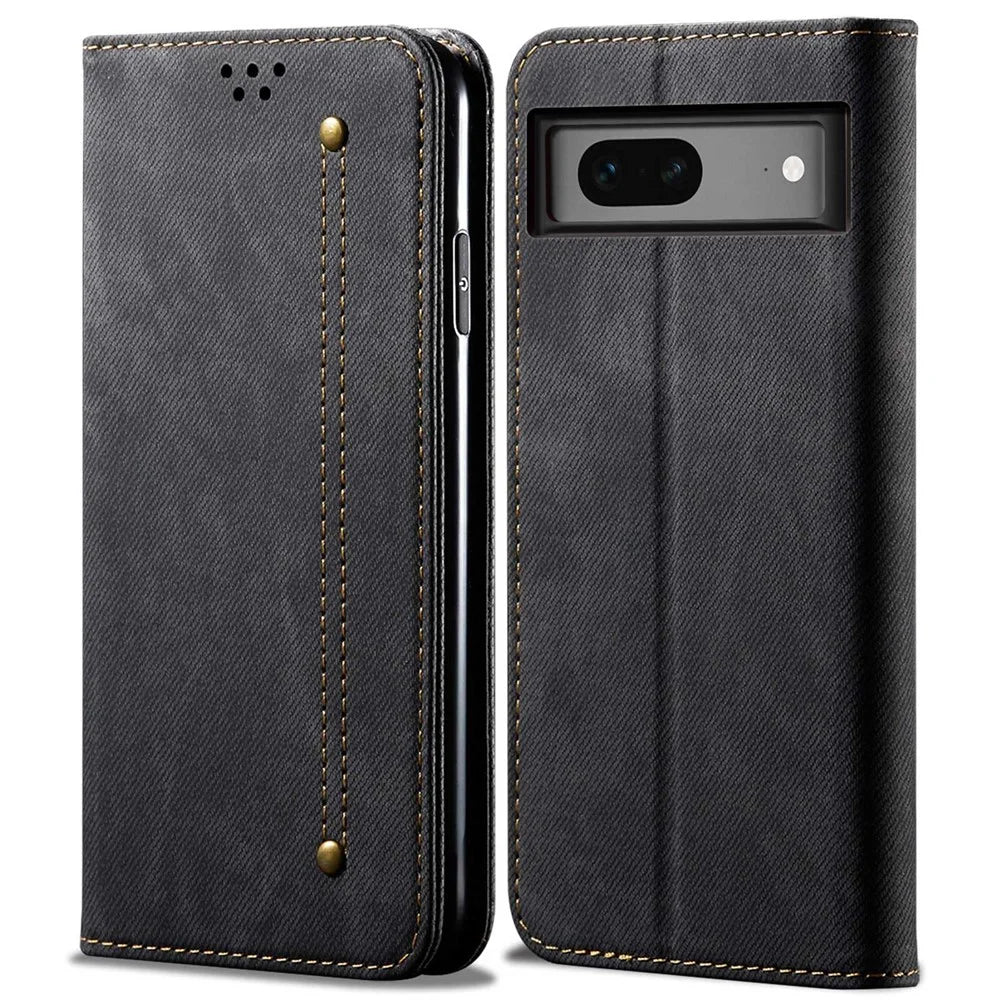 For Google Pixel 7 5G Jeans Cloth Texture PU Leather Wallet Phone Case Stand Magnetic Auto-absorbed Protective Cover - Black - 1