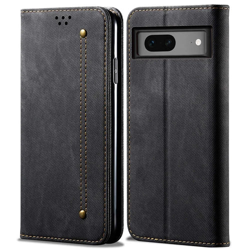 For Google Pixel 7 5G Jeans Cloth Texture PU Leather Wallet Phone Case Stand Magnetic Auto-absorbed Protective Cover - Black - 1