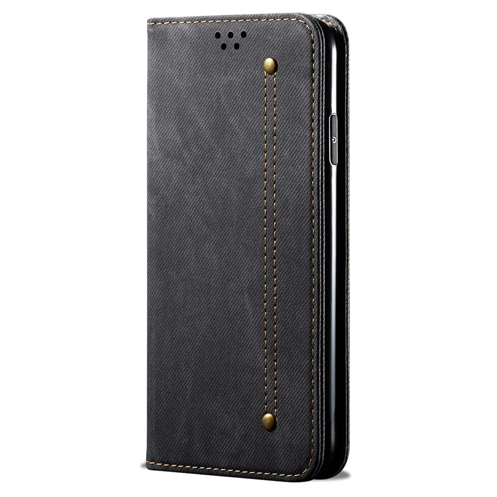 For Google Pixel 7 5G Jeans Cloth Texture PU Leather Wallet Phone Case Stand Magnetic Auto-absorbed Protective Cover - Black - 5
