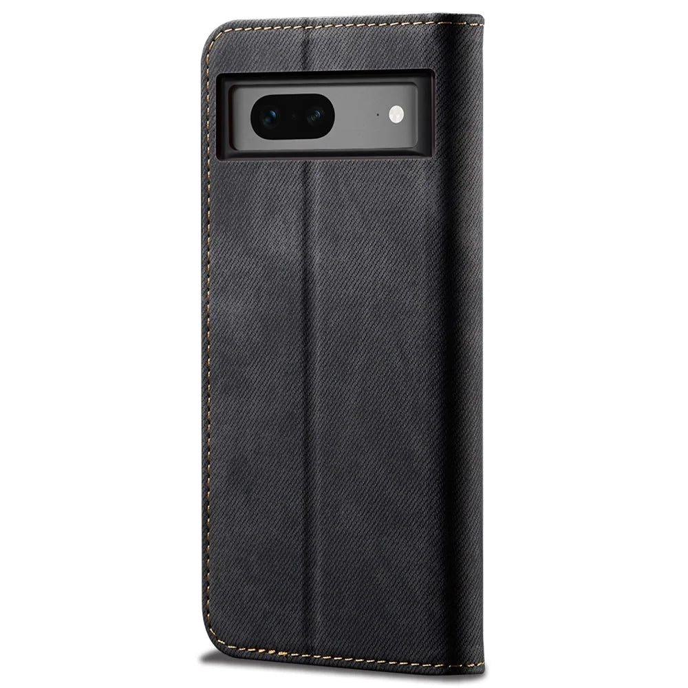 For Google Pixel 7 5G Jeans Cloth Texture PU Leather Wallet Phone Case Stand Magnetic Auto-absorbed Protective Cover - Black - 6