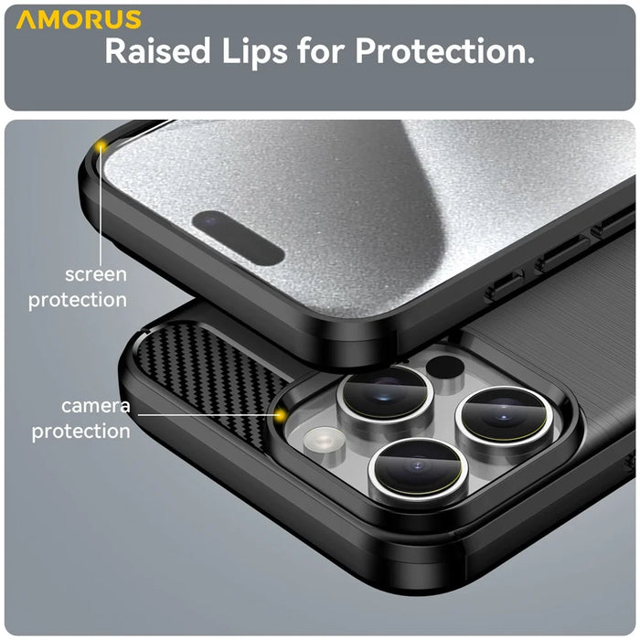 AMORUS For iPhone 16 Pro Max Case Carbon Fiber Texture Brushed Protective Phone Cover - Black - 6