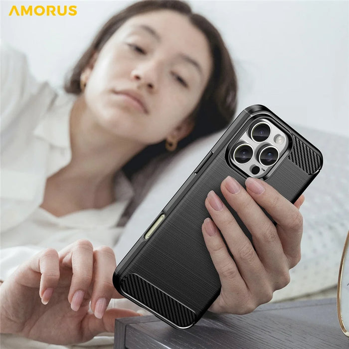 AMORUS For iPhone 16 Pro Max Case Carbon Fiber Texture Brushed Protective Phone Cover - Black - 7