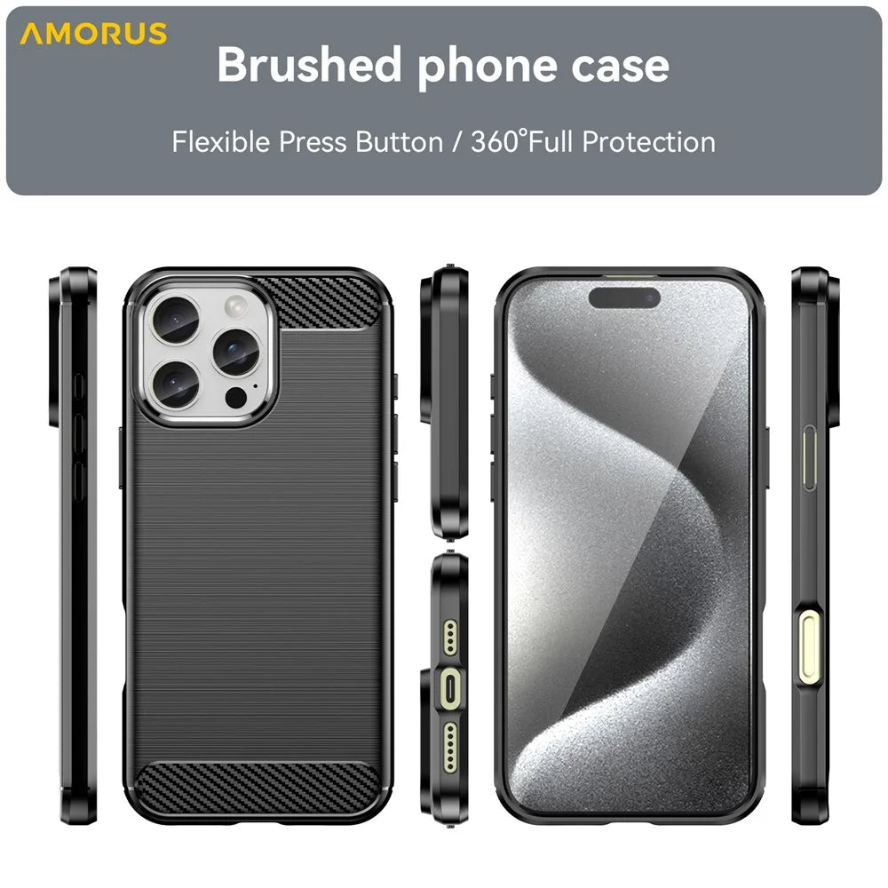 AMORUS For iPhone 16 Pro Case Carbon Fiber Texture Brushed Protective Phone Cover - Black - 3