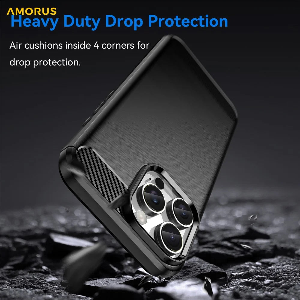 AMORUS For iPhone 16 Pro Case Carbon Fiber Texture Brushed Protective Phone Cover - Black - 4