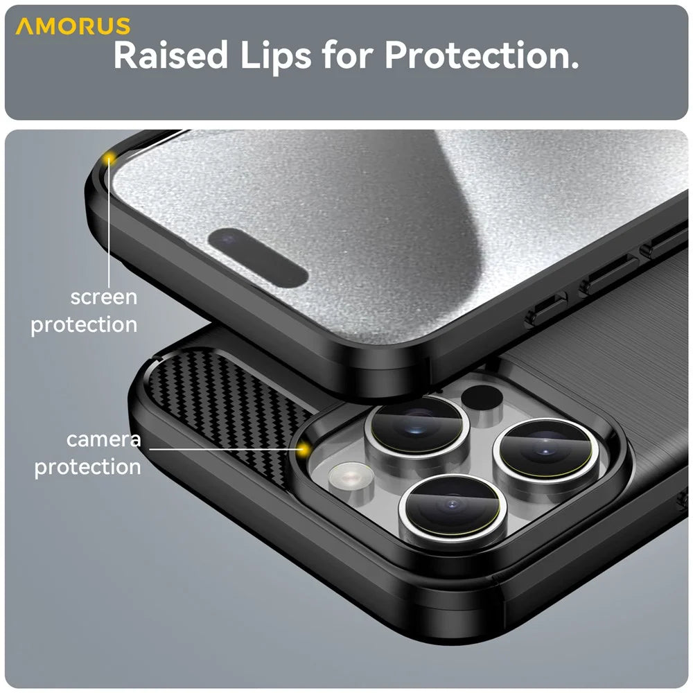 AMORUS For iPhone 16 Pro Case Carbon Fiber Texture Brushed Protective Phone Cover - Black - 7